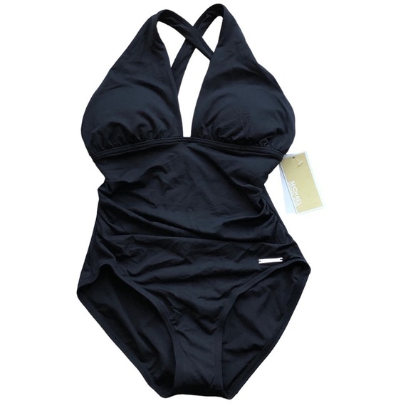 Michael Michael Kors High Neck Shirred Cross Front Black One Piece Swim Size 4 - Picture 3 of 14